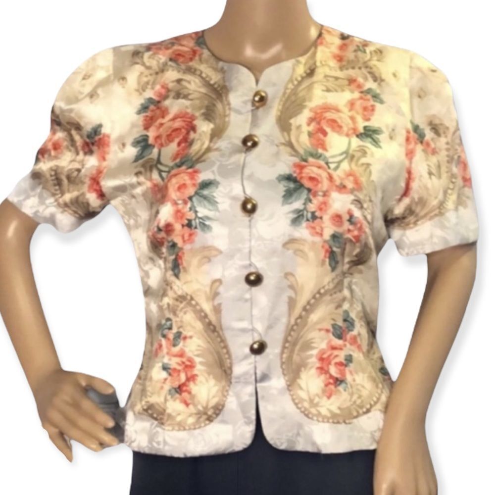 Talbots Petites Vintage 100% Silk Cropped Floral Jacket Size 6